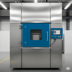 サーマルショック試験のイメージ：コネクタや電子部品を高温槽と低温槽で急速に移動させ、温度変化による性能や外観の影響を確認している様子。