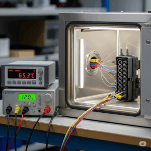 温度上昇試験のイメージ：コネクタや端子に規定電流を流し、サーモグラフィーや熱電対で温度変化を測定して耐熱性を評価している様子。