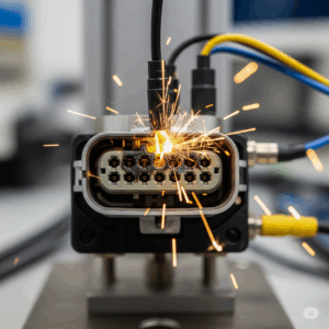 過電流試験のイメージ：コネクタや電子部品に設計電流を超える電流を通電し、過熱や破損の有無を確認している様子。