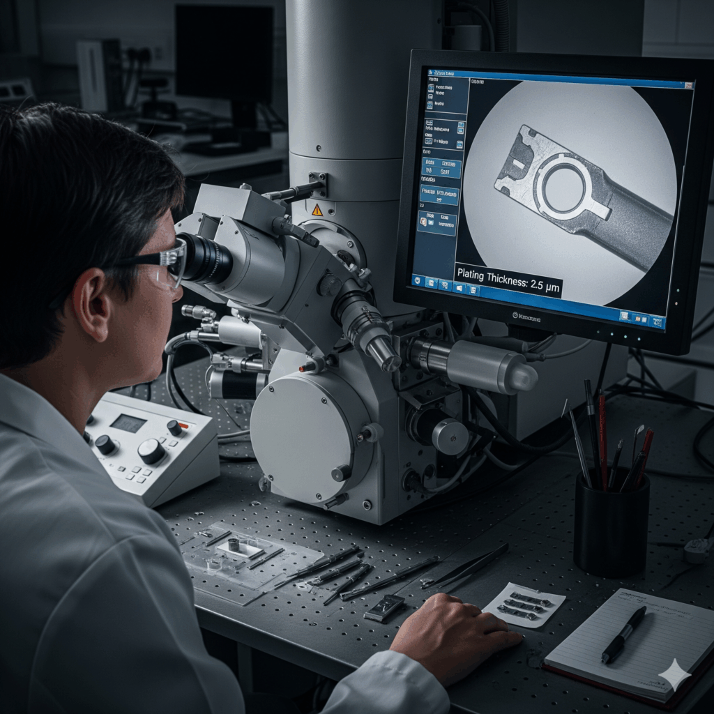 SEMのイメージ：コネクタ端子や材料の表面や微細構造を高倍率で観察し、表面欠陥や腐食状態を評価する模式図