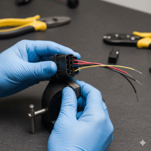 作業者がコネクタのサンプルを手作業で組み立て、端子やハウジングを接続している写真。