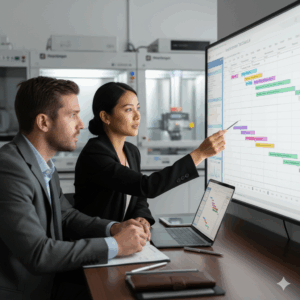 作業者がコネクタや部品の信頼性試験の計画表を作成し、試験日程や項目、サンプル数を整理している写真。