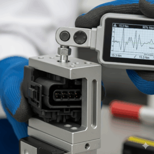 作業者がトルクレンチを使用してコネクタや部品の締結トルクを測定し、緩みや必要に応じて増し締めを行っている様子。