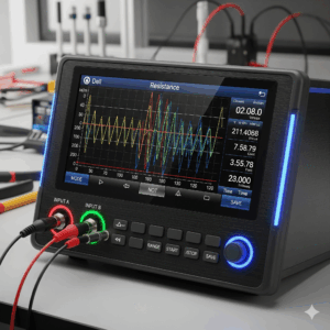 メモリハイコーダーのイメージ：コネクタや回路に発生する瞬断や電圧変動を高速で記録し、グラフ表示する計測装置の模式図。