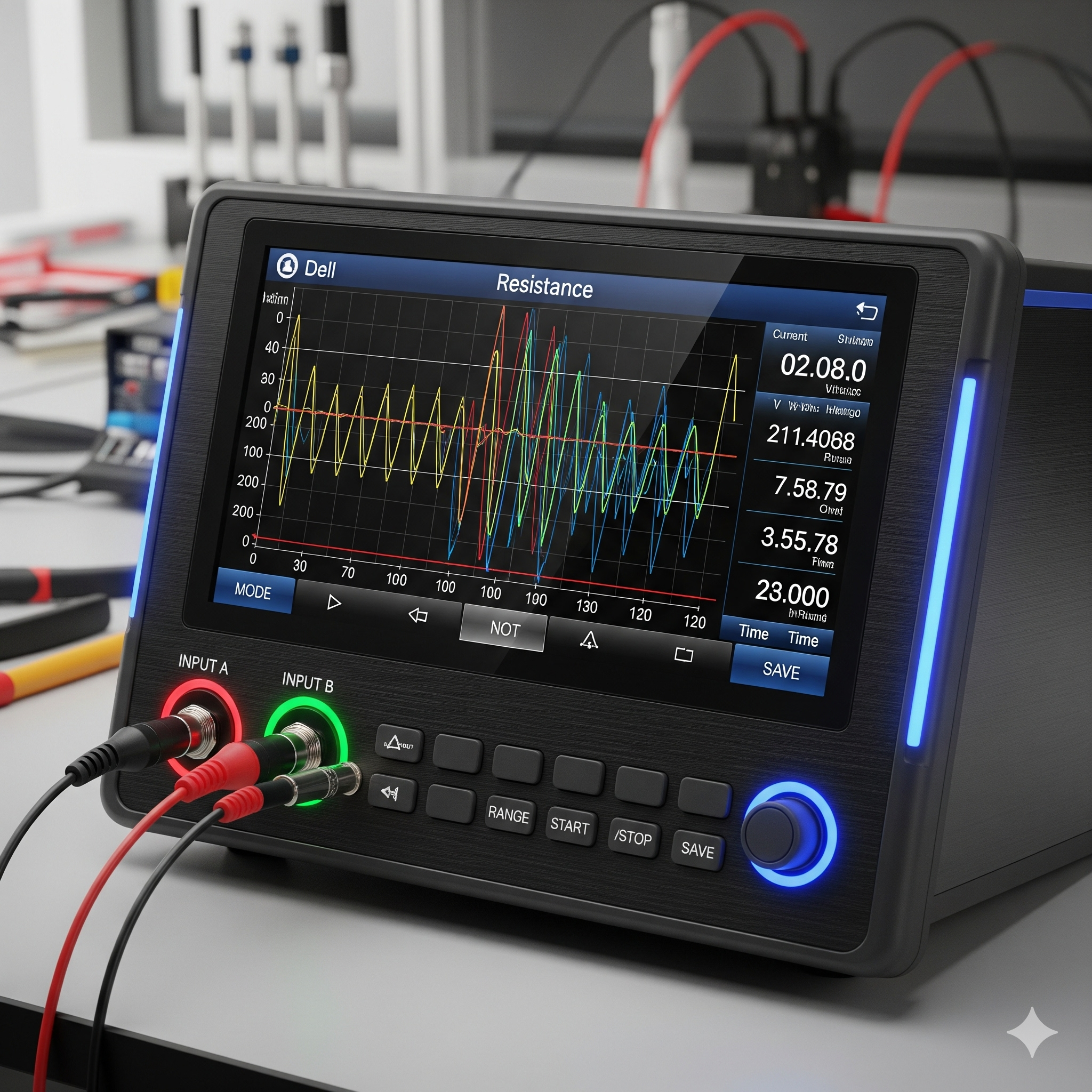 メモリハイコーダーのイメージ:コネクタや回路に発生する瞬断や電圧変動を高速で記録し、グラフ表示する計測装置の模式図。
