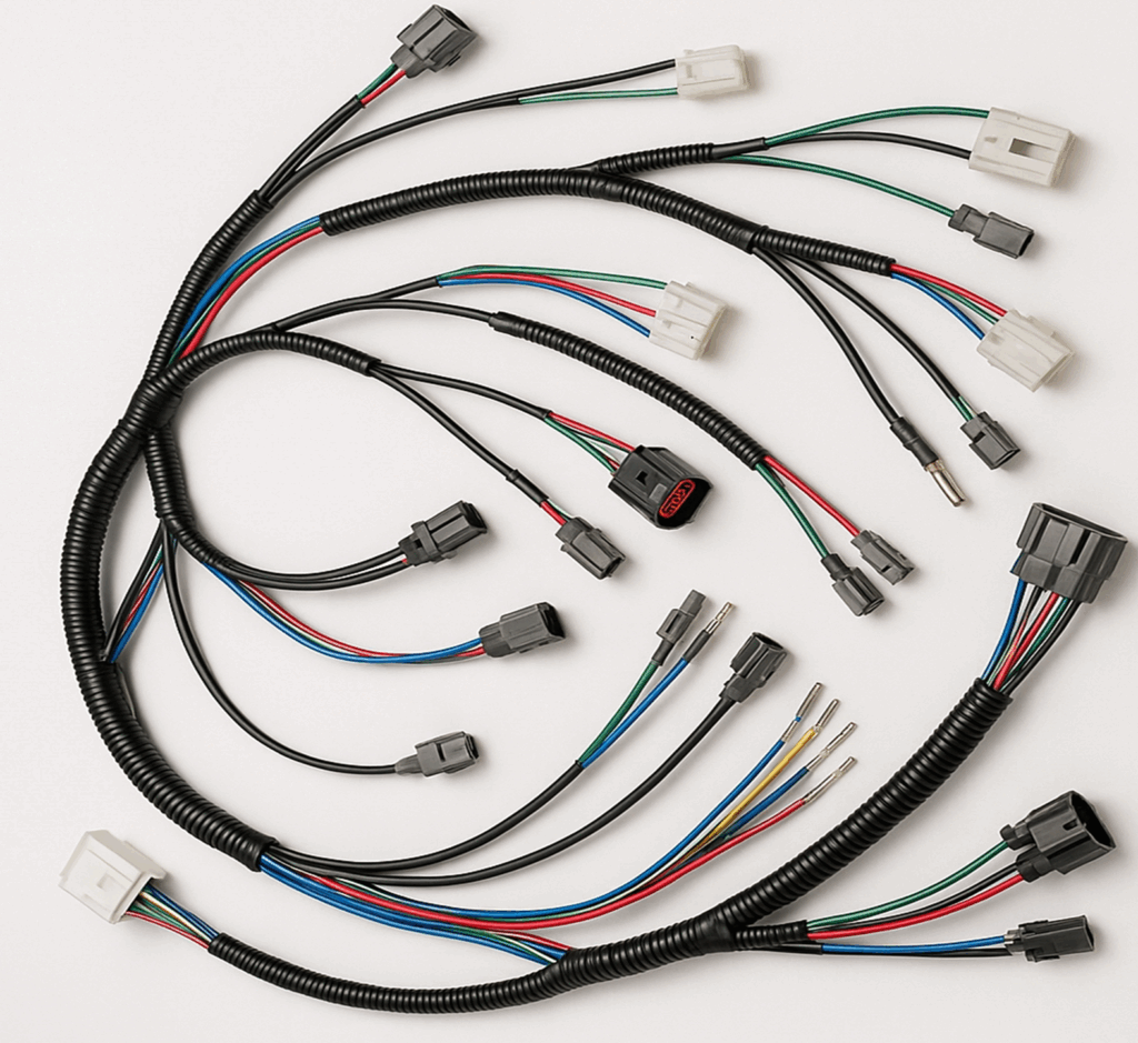 「ワイヤーハーネスの写真：電線をまとめて保護チューブやコネクタで接続し、自動車や機器内で電気信号や電力を配線する部品。」