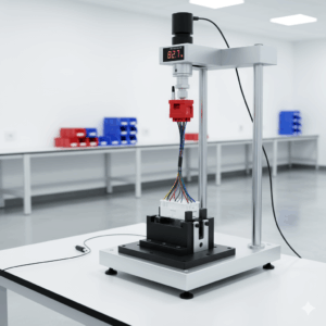 万能精密試験機の写真:コネクタや電線などの部品に引張・圧縮・曲げ荷重を加え、強度や変形特性を測定する装置。