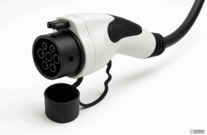 充電ガンの写真：EVの充電ポートに接続し、バッテリーへ電力を供給するハンドル型コネクタ。