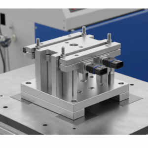 振動試験治具の写真：コネクタや電子部品を装置に固定し、耐振動性や接触信頼性を評価するための治具の様子