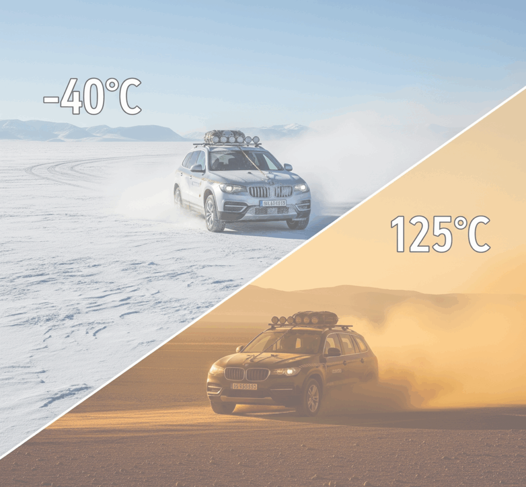 「極低温-40℃と高温125℃の環境で、コネクタや電子部品の耐熱・耐寒性を評価している様子を模式的に示した図。」