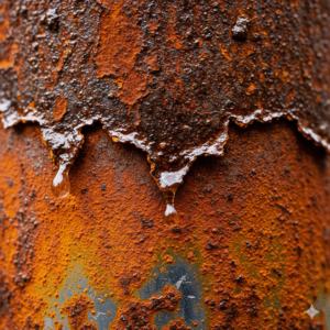 「ガルバニック腐食の写真：異なる金属が接触して腐食が進行している鉄板の様子。」