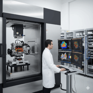 X線CTのイメージ：コネクタや電子部品の内部を非破壊で撮影し、欠陥や充填状態を確認している様子の模式図